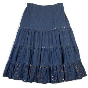 Carrie Allen Tiered Denim Midi Skirt Blue with Copper Metallic Sequins Size L